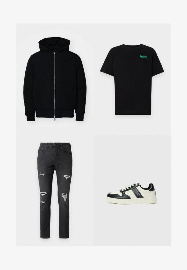 Mustat huppu-untuvatakki, jossa on vetoketju edessä, kenguru-tasku, ribatut hihansuut ja helma, esillä yksinkertaisella valkoisella taustalla.; Mustat t-paidat, jotka on valmistettu puuvillasta ja joissa on lyhyet hihat. Edessä vihreä "ROOTS"-logo, pyöreä kaula-aukko ja normaali istuvuus.; Mustat farkut, joissa on kapea malli, monilla kulutetuilla alueilla ja näkyvillä paikkauksilla polvissa. Klassinen viisi-taskuinen muotoilu.; Nahkakengät musta-kerma värimaailmassa, joissa on rei'itetyt yksityiskohdat, pehmustettu nilkkaosa ja teksturoitu pohja.