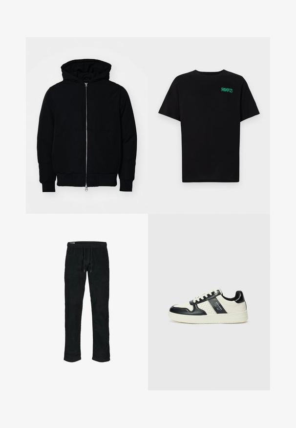 Čierna kapucňová bunda s predným zipsom, klokaními vreckami, rebrovanými manžetami a lemom, zobrazená na bielom pozadí.; Čierne tričko s krátkymi rukávmi vyrobené z bavlny. Na prednej strane má zelené logo "ROOTS", okrúhly výstrih a štandardný strih.; Čierne kordové nohavice s elastickým pásom, nastaviteľným šnúrkovým zaväzovaním, zúženými nohavicami a jemnou vertikálnou ribovanou textúrou.; Kožené tenisky v čierno-krémovej farbe, s perforovanými akcentmi, polstrovaným golierom a štruktúrovanou podrážkou.