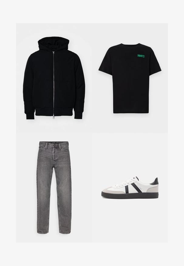 Veste à capuche noire avec fermeture éclair sur le devant, poche kangourou, poignets et ourlet côtelés, présentée sur un fond blanc uni.; T-shirt noir en coton à manches courtes. Présente un logo "ROOTS" vert sur le devant, un col rond et une coupe standard.; Jean en denim gris avec une coupe droite, cinq poches et une texture légèrement usée. Présente une ceinture de marque avec des accessoires standard.; Baskets blanches avec des accents noirs et gris, présentant un embout texturé gris, une semelle en caoutchouc noir et des lacets plats blancs. Design épuré, style minimaliste.