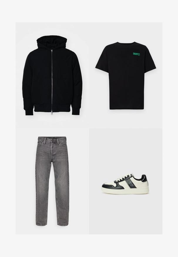 Veste à capuche noire avec fermeture éclair sur le devant, poche kangourou, poignets et ourlet côtelés, présentée sur un fond blanc uni.; T-shirt noir en coton à manches courtes. Présente un logo "ROOTS" vert sur le devant, un col rond et une coupe standard.; Jean en denim gris avec une coupe droite, cinq poches et une texture légèrement usée. Présente une ceinture de marque avec des accessoires standard.; Baskets en cuir avec un schéma de couleurs noir et crème, dotées d'accents perforés, d'un col rembourré et d'une semelle texturée.