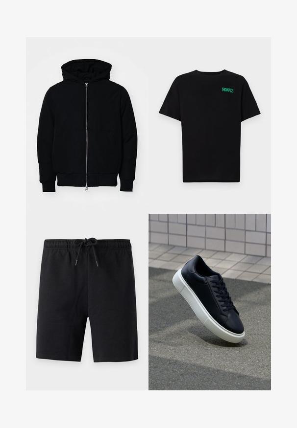 Melna kapucēta jaka ar priekšējo rāvējslēdzēju, kenguru kabatu, ribinātām aprocēm un apakšmalu, parādīta uz vienkārša balta fona.; Melna kokvilnas t-kreka ar īsām piedurknēm. Uz priekšu ir zaļa "ROOTS" logo, apaļa kakla izgriezums un standarta piegriezums.; Melni šorti, kas izgatavoti no mīksta auduma. Aprīkoti ar elastīgu jostasvietu un auklu. Vienkāršs dizains, bez redzamām rakstām vai akcentiem.; Melnas ādas kedas ar noapaļotu pirkstu un baltu gumijas zoli. Iespējas - plakanas šņorītes un minimāla apdare augšdaļā. Struktūrēta zole, lai nodrošinātu saķeri.