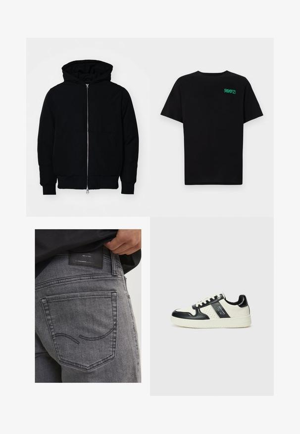 Juodas gobtuvėlis su priekiniu užtrauktuku, kengūros tipo kišene, lygiais rankogaliais ir apvadu, pateiktas ant vientiso balto fono.; Juodas medvilninis marškinėliai trumpomis rankovėmis. Priekyje yra žalias „ROOTS“ logotipas, apvalus iškirpimas ir standartinė prigludimo forma.; Pilkos džinsinio audinio kelnės su užpakaliniu kišeniu, turinčiu kreivą siuvinėjimą, ir juodos odos etikete, kurioje pateikiama prekės ženklo informacija ir meistriškumo detalės.; Odiniai sportbačiai juodos ir kreminės spalvų schemoje, su perforuotais akcentais, paminkštinta apykakle ir tekstūruotu padu.