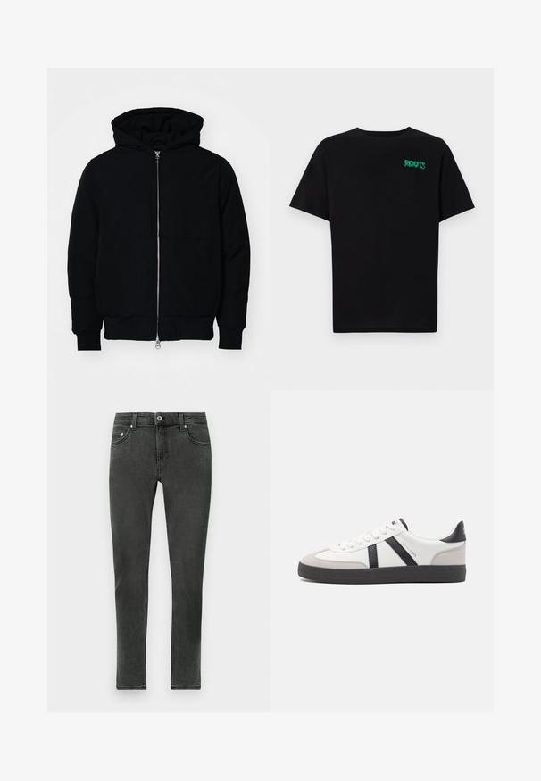 Veste à capuche noire avec fermeture éclair sur le devant, poche kangourou, poignets et ourlet côtelés, présentée sur un fond blanc uni.; T-shirt noir en coton à manches courtes. Présente un logo "ROOTS" vert sur le devant, un col rond et une coupe standard.; Jean skinny gris foncé en denim à la texture lisse, présentant un fermeture à boutons classique et un design standard à cinq poches.; Baskets blanches avec des accents noirs et gris, présentant un embout texturé gris, une semelle en caoutchouc noir et des lacets plats blancs. Design épuré, style minimaliste.