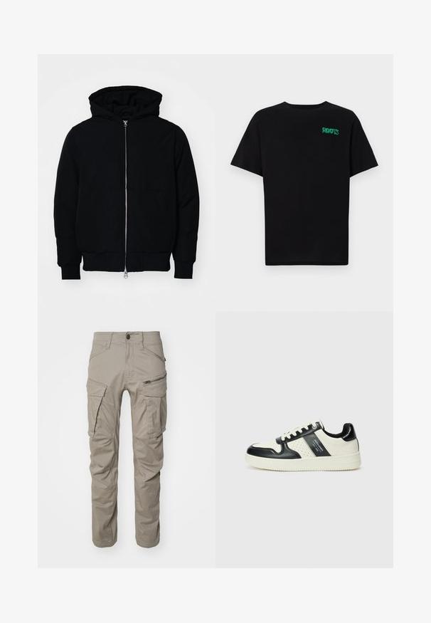 Black hooded jacket with front zipper, kangaroo pocket, ribbed cuffs, and hem, displayed on a plain white background.; Black t-shirt made of cotton with short sleeves. Features a green "ROOTS" logo on the front, round neckline, and standard fit.; Light gray cargo pants made of durable fabric. Features multiple pockets, a zippered side pocket, and reinforced knee areas. Standard fit.; Leather sneakers with a black and cream color scheme, featuring perforated accents, a padded collar, and a textured outsole.