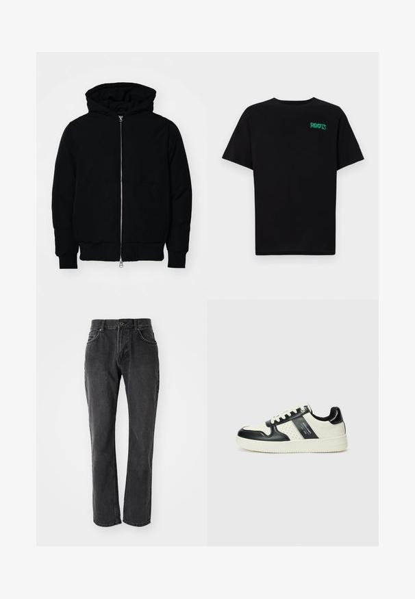 Črna kapuca jakna s sprednjim zadrgo, kenguru žepom, rebrastimi manšetami in hemom, razstavljena na enostavni beli ozadju.; Črna majica iz bombaža z kratkimi rokavi. Na sprednji strani ima zeleno logotip "ROOTS", okroglo ovratnico in standardno prileganje.; Črne jeans hlače s ravnim krojem, ki vključujejo pet žepov, zapiranje na gumb in šivano podrobnost ob šivih in žepih.; Usnjeni športni čevlji z črno in krem barvno shemo, ki vključujejo perforirane dodatke, podložen ovratnik in strukturirano podplat.