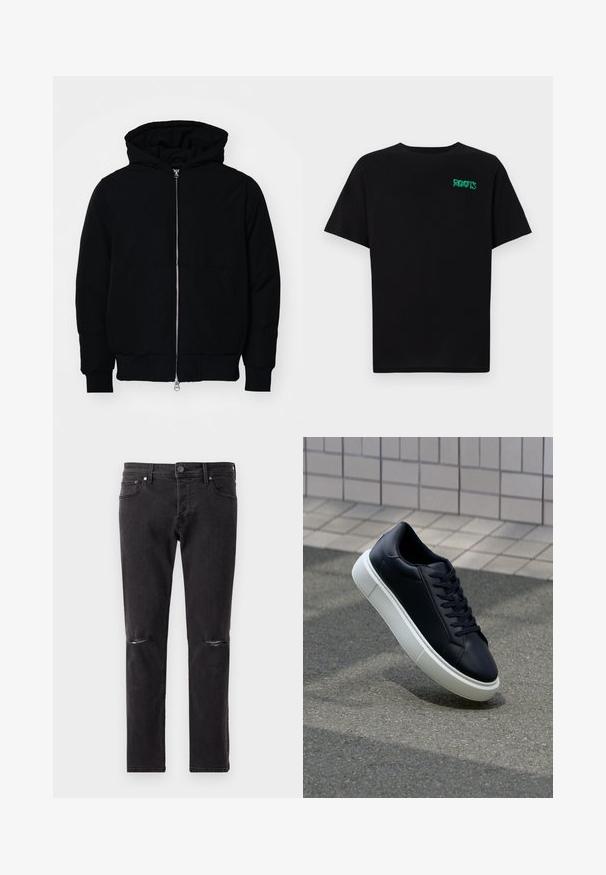 Black hooded jacket with front zipper, kangaroo pocket, ribbed cuffs, and hem, displayed on a plain white background.; Black t-shirt made of cotton with short sleeves. Features a green "ROOTS" logo on the front, round neckline, and standard fit.; Black denim jeans with a slim fit, featuring two distressed knee openings and standard five-pocket design. Soft texture, minimal hardware.; Black leather sneaker with rounded toe and white rubber sole. Features flat laces and minimal stitching on the upper. Textured sole for grip.