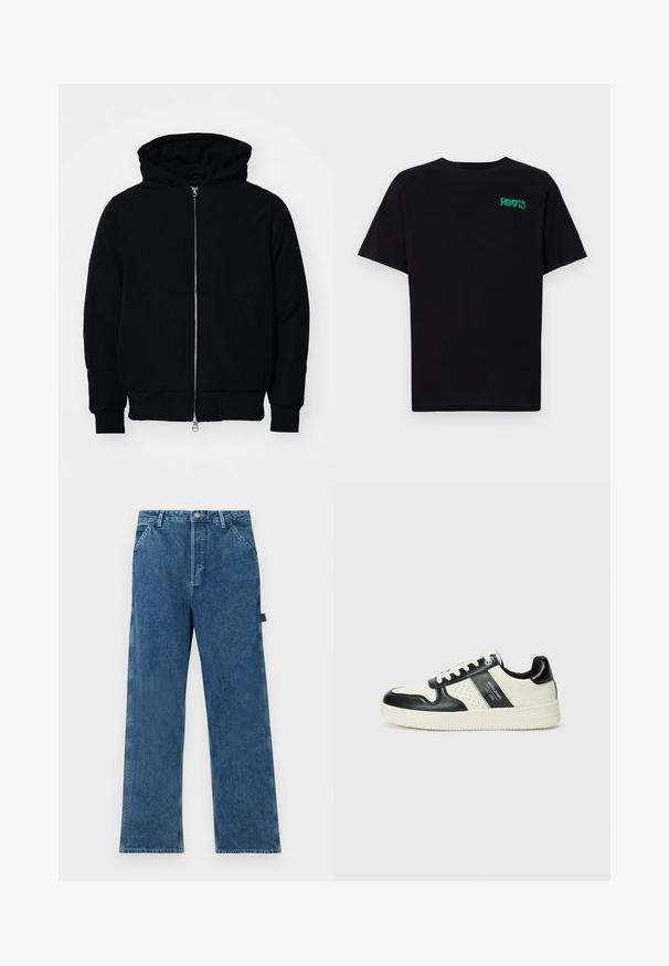 Svart hettejakke med frontglidelås, kengurulomme, ribbestrikket mansjetter og søm, vist på en ensfarget hvit bakgrunn.; svart t-skjorte laget av bomull med korte ermer. Har et grønt "ROOTS"-logo på forsiden, rund halsutringning og standard passform.; Blå denimjeans med rett passform, høy midje, fem lommer og subtil slitasje på stoffet.; Lædersneakers med sort og creme farveskema, der har perforerede detaljer, en polstret krave og en struktureret ydersål.