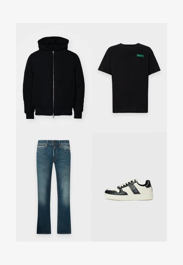 Czarna kurtka z kapturem, z suwakiem z przodu, kieszenią kangurką, ściągaczami przy mankietach i dolnym brzegu, prezentowana na jednolitym białym tle.; Czarna koszulka z bawełny z krótkim rękawem. Posiada zielone logo "ROOTS" z przodu, okrągły dekolt i standardowy krój.; Niebieskie dżinsy z wyblakłym wykończeniem, posiadające pięć kieszeni, zamek błyskawiczny oraz prosty krój nogawek. Szwy przyszyte kontrastową nicią.; Skórzane sneakersy w czarno-kremowym schemacie kolorystycznym, z perforowanymi akcentami, wyściełanym kołnierzem i teksturowaną podeszwą.