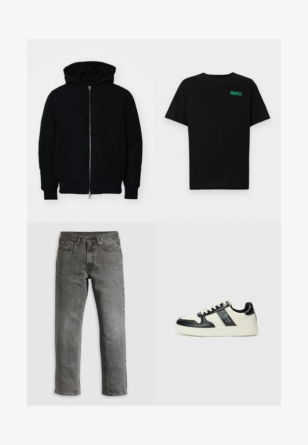Crna kapuška jakna s prednjim zatvaračem, kenguru džepom, rebrastim manžetama i rubom, prikazana na običnoj bijeloj pozadini.; Crna majica kratkih rukava od pamuka. Na prednjem dijelu se nalazi zeleni "ROOTS" logo, okrugli izrez i standardni kroj.; Sive traperice ravnog kroja, s pet džepova, bakrenim nitnama i vidljivim šavovima. Klasični dizajn sa patentnim zatvaračem.; Kožne tenisice s crno-bijelom paletom boja, koje imaju perforirane akcentne detalje, podstavljeni ovratnik i teksturiranu potplat.