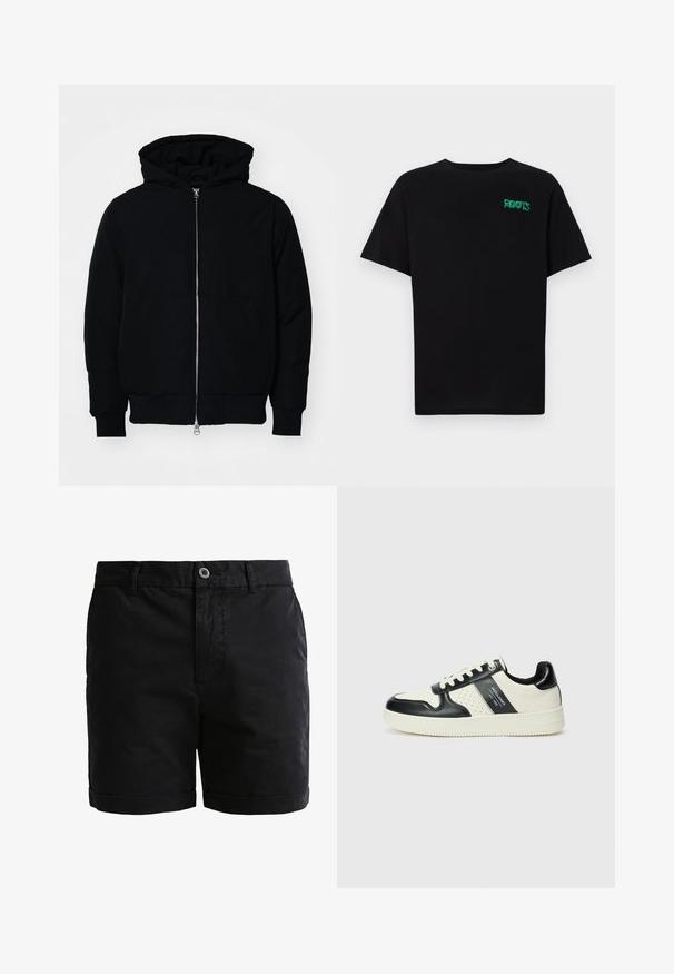 Veste à capuche noire avec fermeture éclair sur le devant, poche kangourou, poignets et ourlet côtelés, présentée sur un fond blanc uni.; T-shirt noir en coton à manches courtes. Présente un logo "ROOTS" vert sur le devant, un col rond et une coupe standard.; Shorts en coton noir avec une texture lisse, fermeture à bouton et ourlets retournés. Comprend des passants de ceinture et des poches avant pour plus de praticité.; Baskets en cuir avec un schéma de couleurs noir et crème, dotées d'accents perforés, d'un col rembourré et d'une semelle texturée.