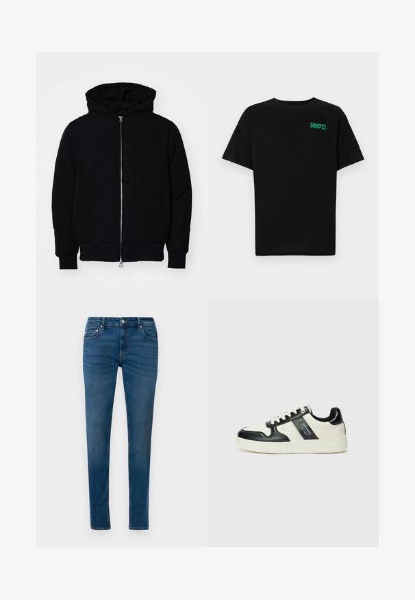 Sort hættejakke med frontlynlås, kængurulomme, ribbede manchetter og kant, præsenteret på en ensfarvet hvid baggrund.; Sort t-shirt lavet af bomuld med korte ærmer. Har et grønt "ROOTS" logo på forsiden, rund halsudskæring og almindelig pasform.; Blå denim skinny jeans med frontknaplukning, bæltestropper og for- samt baglommer, vist mod en hvid baggrund.; Lædersneakers i sort og creme farveskema, med perforerede detaljer, en polstret krave og en struktureret ydersål.