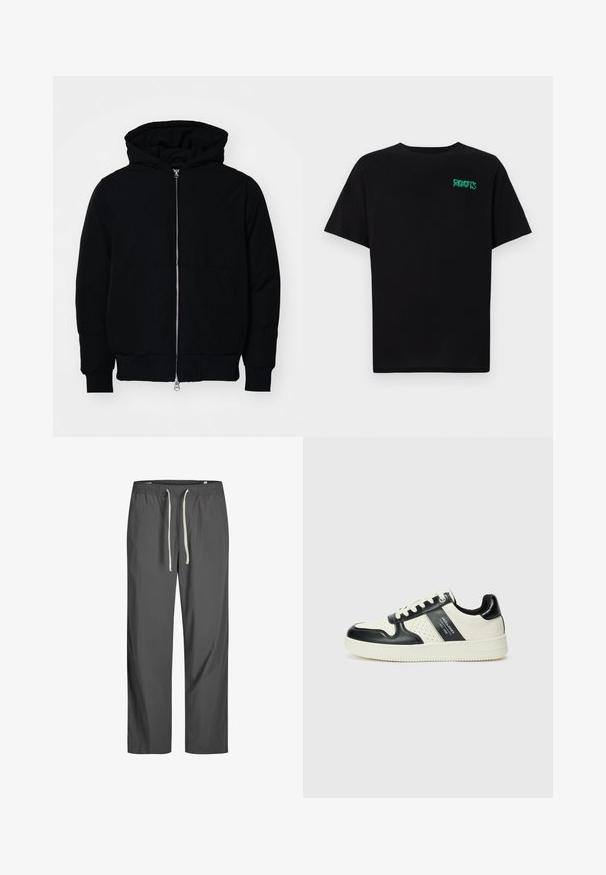 Black hooded jacket with front zipper, kangaroo pocket, ribbed cuffs, and hem, displayed on a plain white background.; Black t-shirt made of cotton with short sleeves. Features a green "ROOTS" logo on the front, round neckline, and standard fit.; Gray, lightweight pants with an elastic waistband and white drawstring. Loose-fitting design, smooth texture, no visible patterns or accents.; Leather sneakers with a black and cream color scheme, featuring perforated accents, a padded collar, and a textured outsole.