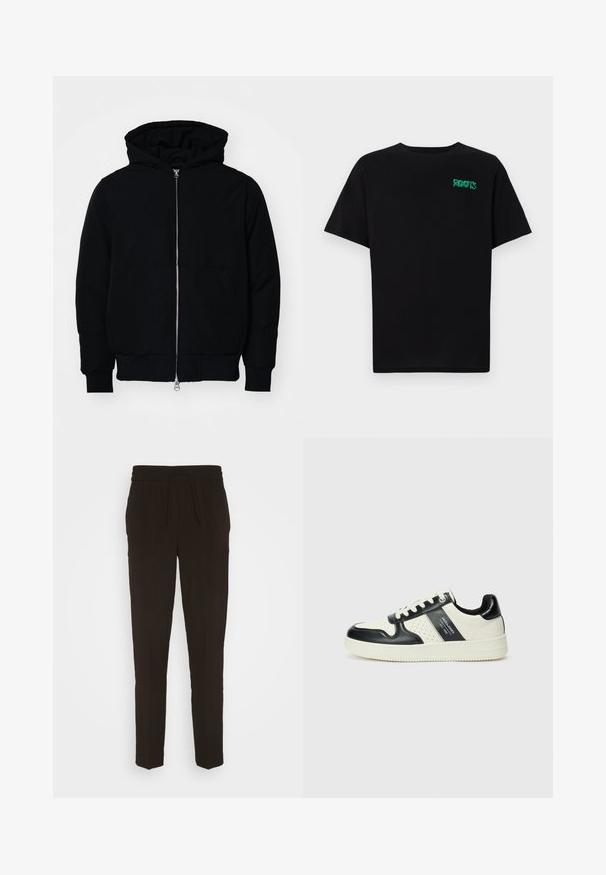 Črna kapuca jakna s sprednjim zadrgo, kenguru žepom, rebrastimi manšetami in hemom, razstavljena na enostavni beli ozadju.; Črna majica iz bombaža z kratkimi rokavi. Na sprednji strani ima zeleno logotip "ROOTS", okroglo ovratnico in standardno prileganje.; Črne dolge tapered hlače iz mehke, gladke tkanine. Imajo elastičen pas z vrvico za prilagodljivo prileganje.; Usnjeni športni čevlji z črno in krem barvno shemo, ki vključujejo perforirane dodatke, podložen ovratnik in strukturirano podplat.