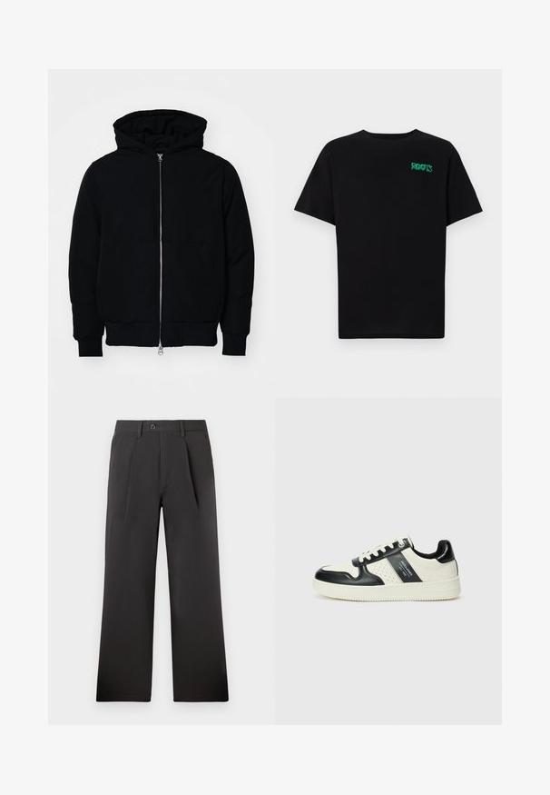 Melna kapucēta jaka ar priekšējo rāvējslēdzēju, kenguru kabatu, ribinātām aprocēm un apakšmalu, parādīta uz vienkārša balta fona.; Melna kokvilnas t-kreka ar īsām piedurknēm. Uz priekšu ir zaļa "ROOTS" logo, apaļa kakla izgriezums un standarta piegriezums.; Melni plisētie bikses ar taisnu kāju dizainu, izgatavotas no gludas auduma. Ar pogu aizdari un jostu cilpiņām jostasvietā.; Ādas sporta apavi ar melnbaltu krāsu shēmu, ar perforētiem akcentiem, mīkstinātu apkakli un teksturētu zoli.