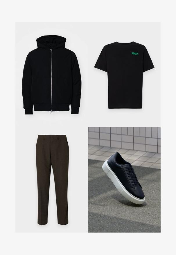 Svart hettejakke med frontglidelås, kengurulomme, ribbestrikket mansjetter og søm, vist på en ensfarget hvit bakgrunn.; svart t-skjorte laget av bomull med korte ermer. Har et grønt "ROOTS"-logo på forsiden, rund halsutringning og standard passform.; Brune skreddersydde bukser med rette ben, med en glatt tekstur, beltehemper og sidelommer. Egnet for formell bruk.; Sorte skinnsneakers med rund tå og hvit gummisåle. Har flate lisser og minimal søm på overdelen. Strukturert såle for grep.