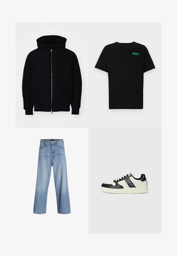 Black hooded jacket with front zipper, kangaroo pocket, ribbed cuffs, and hem, displayed on a plain white background.; Black t-shirt made of cotton with short sleeves. Features a green "ROOTS" logo on the front, round neckline, and standard fit.; Light blue denim wide-leg jeans with a high waist, featuring a button fly, five-pocket design, and subtle fading. Clean hem finishes.; Leather sneakers with a black and cream color scheme, featuring perforated accents, a padded collar, and a textured outsole.