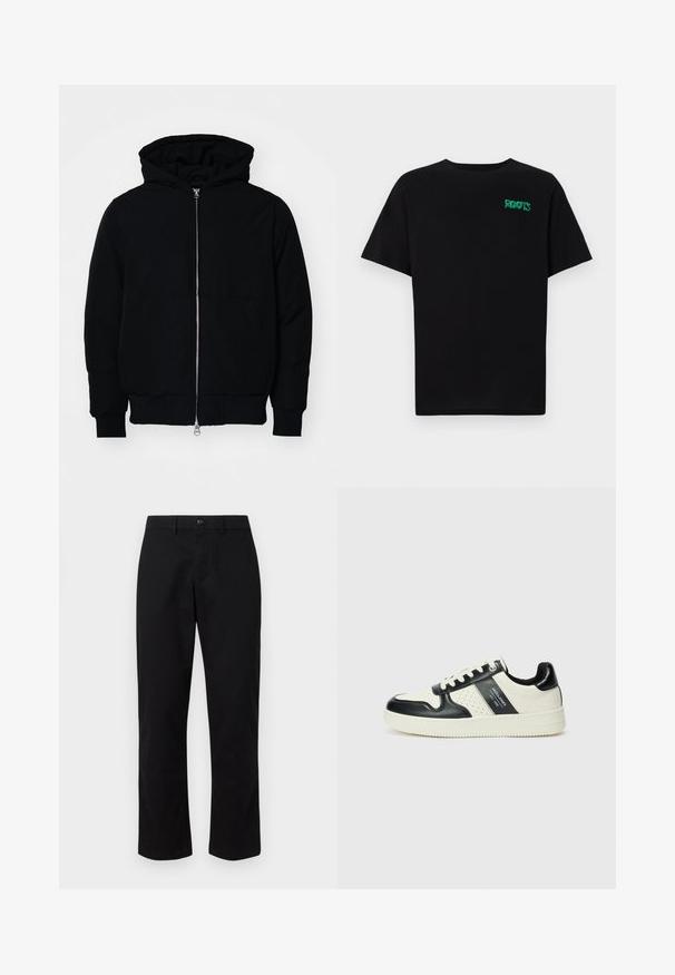 Jachetă neagră cu glugă, cu fermoar în față, buzunar tip kangaroo, mansete și tiv ribbed, prezentată pe un fundal alb simplu.; Tricou negru din bumbac, cu mâneci scurte. Prezintă un logo verde "ROOTS" pe față, guler rotund și o potrivire standard.; GAP SLIM PERFORMANCE STRETCH - Pantaloni chino - true black; Tenisi din piele cu un scheme de culori negru și crem, dotati cu accente perforate, guler căptușit și o talpă texturată.