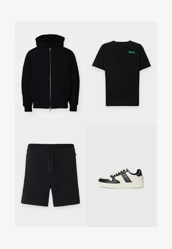 Veste à capuche noire avec fermeture éclair sur le devant, poche kangourou, poignets et ourlet côtelés, présentée sur un fond blanc uni.; T-shirt noir en coton à manches courtes. Présente un logo "ROOTS" vert sur le devant, un col rond et une coupe standard.; Shorts de sport noirs en tissu doux, dotés d'une taille élastique, d'un cordon de serrage et de poches zippées sur les côtés avec des coutures renforcées.; Baskets en cuir avec un schéma de couleurs noir et crème, dotées d'accents perforés, d'un col rembourré et d'une semelle texturée.