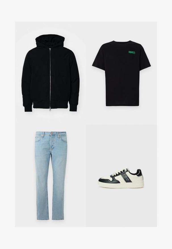 Mustaga kapuutsiga jakk, millel on esineed, kenguru tasku, soonikkoes, ja alläär, esitatud lihtsal valgel taustal.; Must t-särk, mis on valmistatud puuvillast, lühikeste varrukatega. Esipaneelil on roheline "ROOTS" logo, ümmargune kaelus ja tavapärane lõige.; Heledadilised helesinised teksad otse lõikega, viie taskuga ja nööpidega vöökoht, asetatud lamele valgele taustale.; Nahatud nahkkingad musta ja kreemi värviskeemiga, millel on perforeeritud aktsendid, pehme krae ja tekstureeritud tallad.