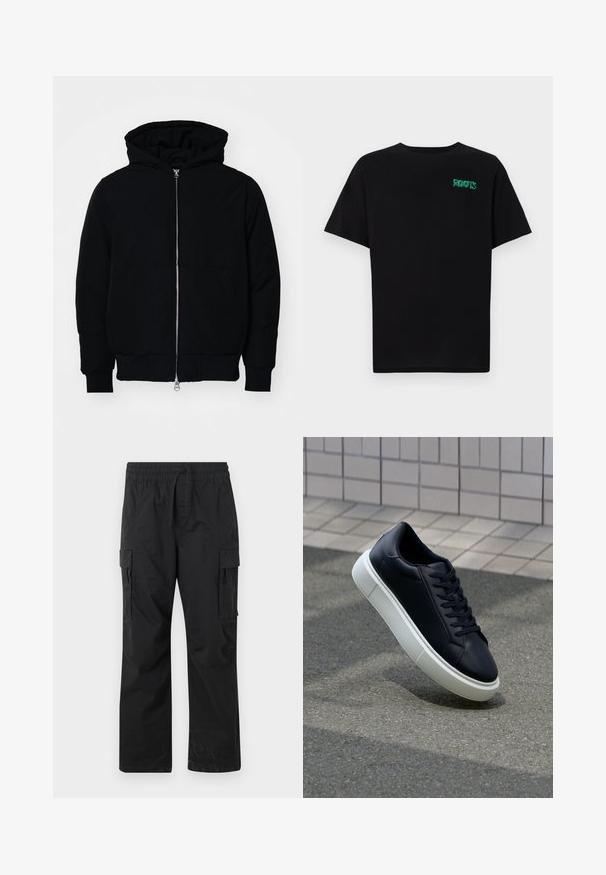 Juodas gobtuvėlis su priekiniu užtrauktuku, kengūros tipo kišene, lygiais rankogaliais ir apvadu, pateiktas ant vientiso balto fono.; Juodas medvilninis marškinėliai trumpomis rankovėmis. Priekyje yra žalias „ROOTS“ logotipas, apvalus iškirpimas ir standartinė prigludimo forma.; Juodos krovinių kelnės pagamintos iš lengvo audinio, su elastingu juosmeniu, raišteliu ir dviem šoninėmis krovinių kišenėmis.; Juodas odinis sportbačius su apvaliu pirštu ir baltu gumuotu padu. Turi plokščias raišteles ir minimalų siuvimą viršuje. Padangos tekstūra užtikrina sukibimą.