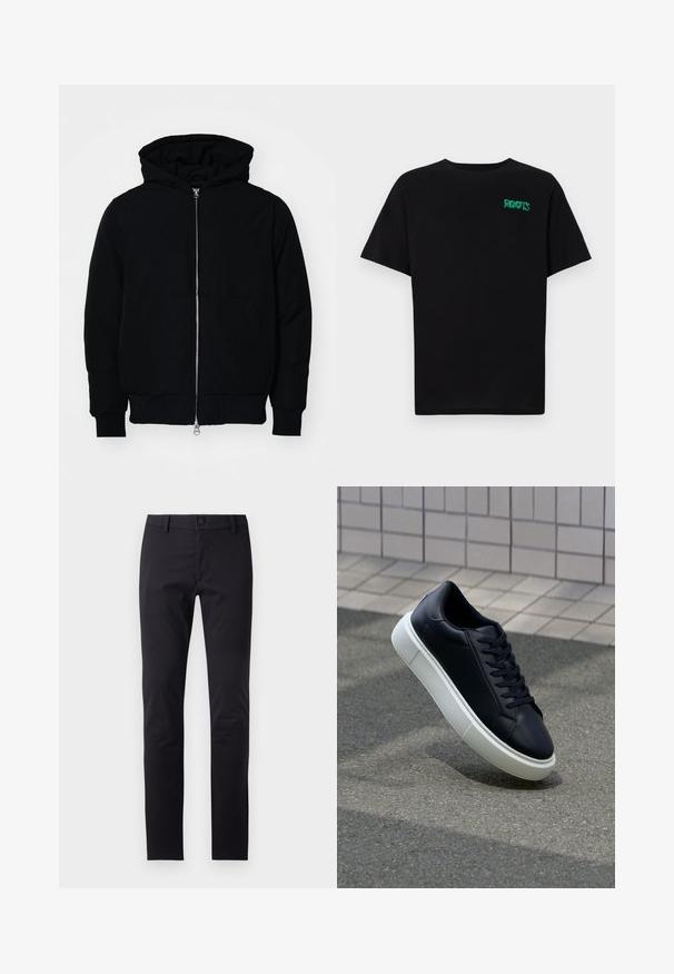 Black hooded jacket with front zipper, kangaroo pocket, ribbed cuffs, and hem, displayed on a plain white background.; Black t-shirt made of cotton with short sleeves. Features a green "ROOTS" logo on the front, round neckline, and standard fit.; Black pants made of smooth fabric, featuring a slim fit design, button closure, and standard pockets with no visible patterns or accents.; Black leather sneaker with rounded toe and white rubber sole. Features flat laces and minimal stitching on the upper. Textured sole for grip.
