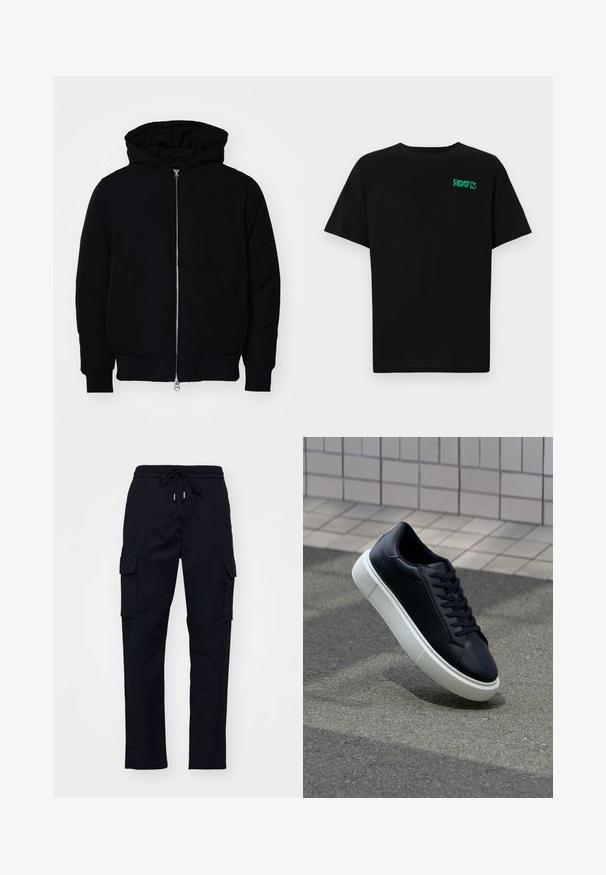 Mustaga kapuutsiga jakk, millel on esineed, kenguru tasku, soonikkoes, ja alläär, esitatud lihtsal valgel taustal.; Must t-särk, mis on valmistatud puuvillast, lühikeste varrukatega. Esipaneelil on roheline "ROOTS" logo, ümmargune kaelus ja tavapärane lõige.; Mustarustad cargo püksid elastse vöökoha, nööriga ja kahe küljetaskuga. Sile kangas kitseneva jala kujundusega.; Mustast nahast tennisetoss, millel on ümar nina ja valge kummist tall. Omab siredaid paelu ja minimaalset õmblemist ülemises osas. Tekstuuriga tald, mis tagab haakuvuse.