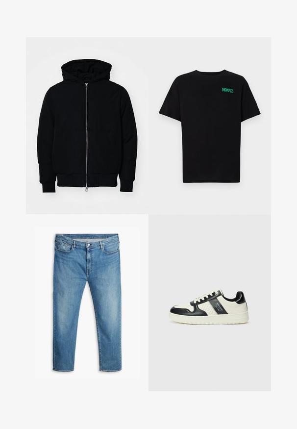 Jachetă neagră cu glugă, cu fermoar în față, buzunar tip kangaroo, mansete și tiv ribbed, prezentată pe un fundal alb simplu.; Tricou negru din bumbac, cu mâneci scurte. Prezintă un logo verde "ROOTS" pe față, guler rotund și o potrivire standard.; Jeans din denim albastru, cu croială dreaptă, având cinci buzunare, închidere cu buton și detalii cusute pe cusături.; Tenisi din piele cu un scheme de culori negru și crem, dotati cu accente perforate, guler căptușit și o talpă texturată.