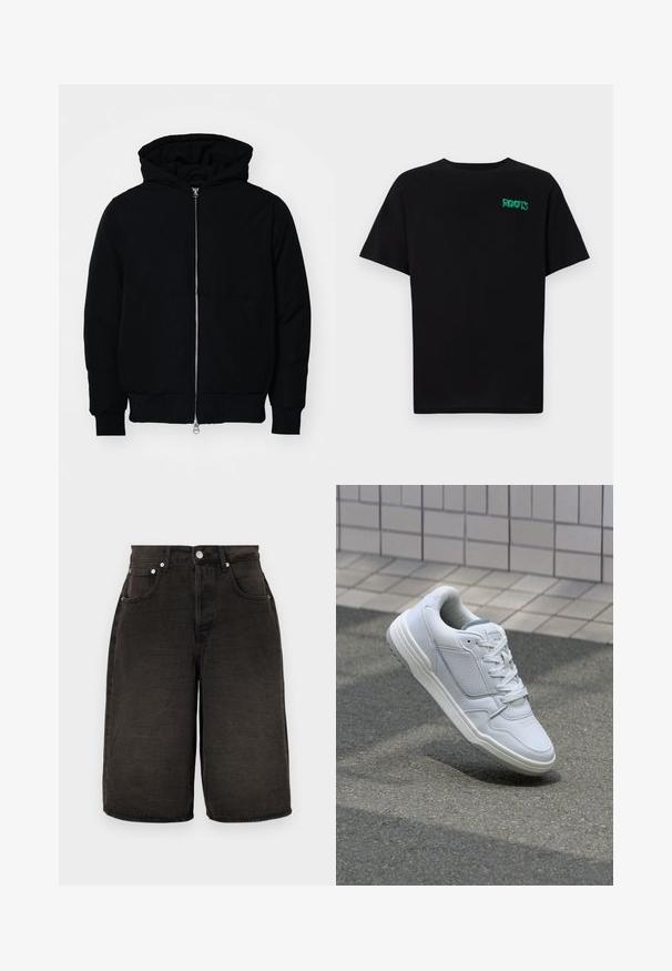 Black hooded jacket with front zipper, kangaroo pocket, ribbed cuffs, and hem, displayed on a plain white background.; Black t-shirt made of cotton with short sleeves. Features a green "ROOTS" logo on the front, round neckline, and standard fit.; Black denim shorts with a straight cut, featuring front pockets, a zip fly, and textured fabric with subtle creases. Silver hardware accents.; White leather sneaker with perforated sides, textured accents, flat laces, and a contrasting gray heel. Features a slightly elevated sole.