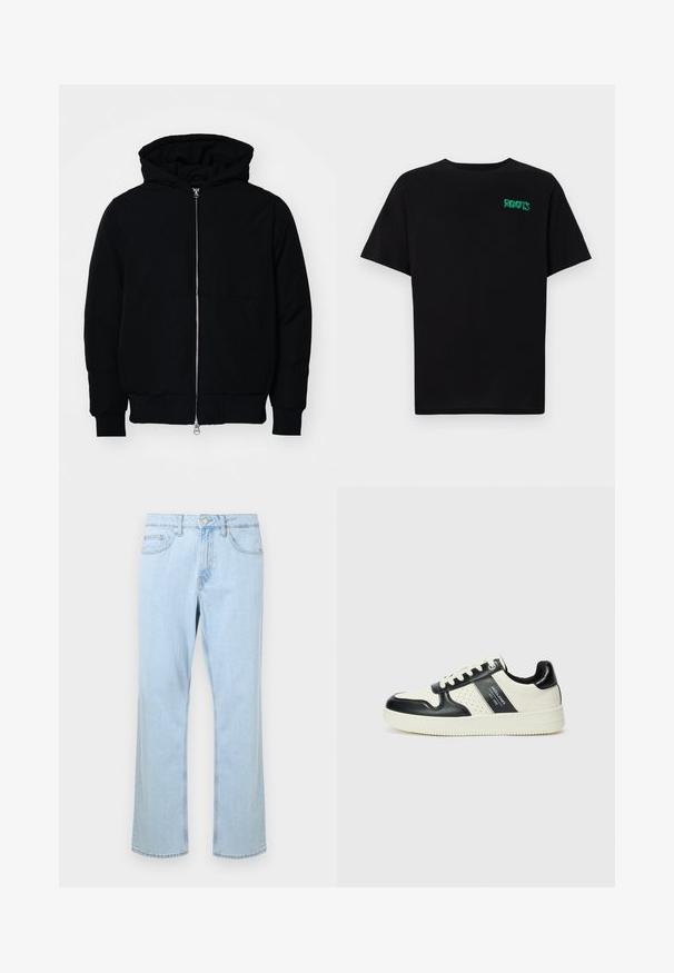 Giacca nera con cappuccio, dotata di zip frontale, tasca a marsupio, polsini e orlo a coste, esposta su uno sfondo bianco semplice.; T-shirt nera in cotone con maniche corte. Presenta un logo verde "ROOTS" sulla parte frontale, colletto rotondo e vestibilità standard.; Jeans in denim azzurro chiaro con taglio dritto, dotati di tasche frontali, un singolo bottone argentato e dettagli di cucitura lungo le cuciture.; Sneakers in pelle con una combinazione di colori nero e crema, dotati di dettagli perforati, collare imbottito e suola testurizzata.