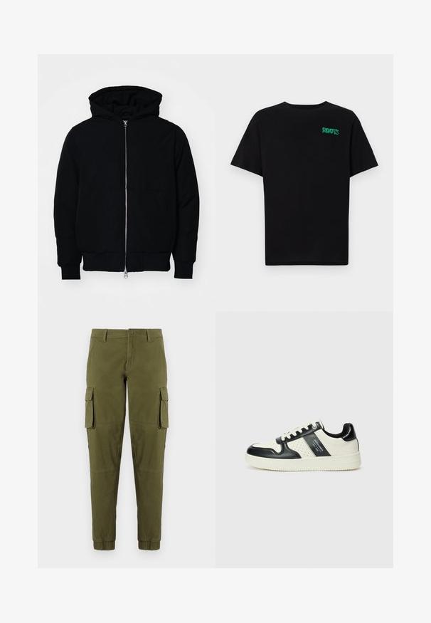 Svart hettejakke med frontglidelås, kengurulomme, ribbestrikket mansjetter og søm, vist på en ensfarget hvit bakgrunn.; svart t-skjorte laget av bomull med korte ermer. Har et grønt "ROOTS"-logo på forsiden, rund halsutringning og standard passform.; Olivenfargede cargo-bukser med elastiske mansjetter, som har to sideskjøte lommer, en frontknap-lukking, og glatt, lett stoff.; Lædersneakers med sort og creme farveskema, der har perforerede detaljer, en polstret krave og en struktureret ydersål.