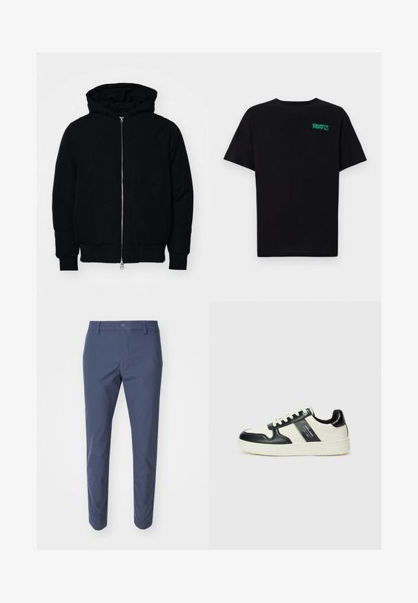 Zwarte hoodie met rits aan de voorkant, kangoeroe-pocket, geribbelde manchetten en zoom, weergegeven op een effen witte achtergrond.; Zwarte T-shirt van katoen met korte mouwen. Heeft een groen "ROOTS" logo op de voorkant, een ronde halslijn en een standaard pasvorm.; Navyblauwe broek van gladde stof, met een knoopsluiting en een taps toelopend design. Plat voorpaneel zonder zichtbare patronen of accenten.; Leren sneakers met een zwart en crèmekleurig kleurenschema, voorzien van geperforeerde accenten, een gevoerde kraag en een gestructureerde buitenzool.