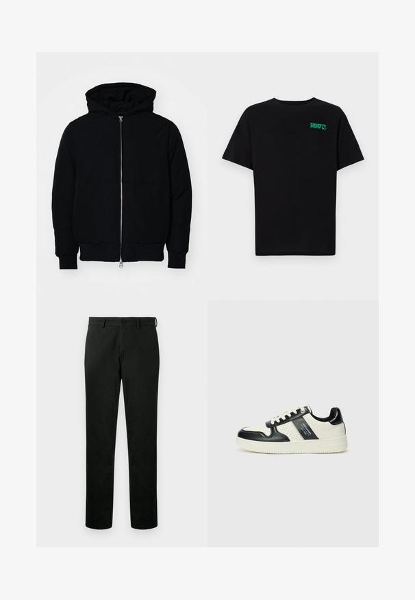 Veste à capuche noire avec fermeture éclair sur le devant, poche kangourou, poignets et ourlet côtelés, présentée sur un fond blanc uni.; T-shirt noir en coton à manches courtes. Présente un logo "ROOTS" vert sur le devant, un col rond et une coupe standard.; Pantalons noirs à jambe droite avec fermeture à bouton et à glissière, passants de ceinture et finition en tissu lisse et uni.; Baskets en cuir avec un schéma de couleurs noir et crème, dotées d'accents perforés, d'un col rembourré et d'une semelle texturée.