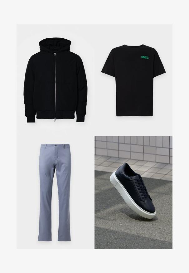 Svart huoodiejacka med framdragkedja, känguruficka, ribbade ärmslut och nederkant, uppställd mot en vit bakgrund.; Svart t-shirt i bomull med korta ärmar. Har en grön "ROOTS" logotyp på framsidan, rund halsringning och standard passform.; Ljusblå bomullsbukser med rak skärning, slät front, bältesömmar och en enkel knappstängning i midjan. Inga synliga mönster.; Svart lädersneaker med rundad tå och vit gummisula. Har platta snören och minimal sömnad på ovansidan. Texturerad sula för grepp.