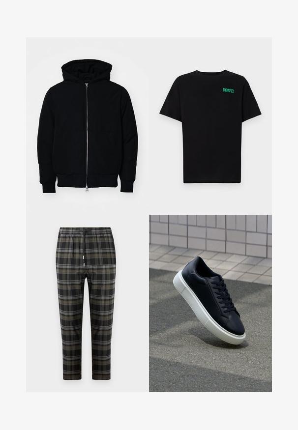 Svart hettejakke med frontglidelås, kengurulomme, ribbestrikket mansjetter og søm, vist på en ensfarget hvit bakgrunn.; svart t-skjorte laget av bomull med korte ermer. Har et grønt "ROOTS"-logo på forsiden, rund halsutringning og standard passform.; Svarte rutete bukser med grå og olivengrønne mønstre. Har elastisk midje med snorer og tapered ben. Myk stofftekstur.; Sorte skinnsneakers med rund tå og hvit gummisåle. Har flate lisser og minimal søm på overdelen. Strukturert såle for grep.