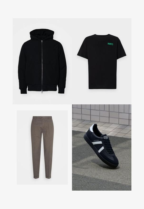 Mustaga kapuutsiga jakk, millel on esineed, kenguru tasku, soonikkoes, ja alläär, esitatud lihtsal valgel taustal.; Must t-särk, mis on valmistatud puuvillast, lühikeste varrukatega. Esipaneelil on roheline "ROOTS" logo, ümmargune kaelus ja tavapärane lõige.; Pruunid ja mustad ruudulised püksid kitsas lõikes, nööbi kinnitusega ja lame lõikega. Valmistatud kudumiskangast, millel on sile tekstuur ja kohandatud disain.; Must have musta sneaker musta valgete triipudega, tekstuurne kummitald ja nööridega esiosa. Omab bränditud märki keele peal.