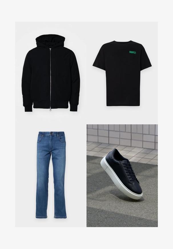 Chaqueta negra con capucha, cierre frontal, bolsillo tipo canguro, y puños y dobladillo acanalados, exhibida sobre un fondo blanco liso.; Camiseta negra de algodón con mangas cortas. Presenta un logo verde "ROOTS" en el frente, escote redondo y corte estándar.; Jeans de mezclilla azul con un diseño de pierna recta, cinco bolsillos y una cremallera con cierre de botón. Detalle de costura en el dobladillo.; Zapatilla de cuero negro con punta redonda y suela de goma blanca. Presenta cordones planos y un mínimo de costuras en la parte superior. Suela texturizada para proporcionar agarre.