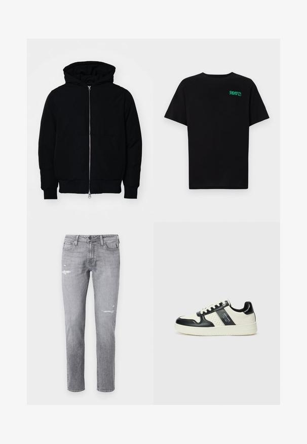 Černá kapucňová bunda s předním zipem, klokaní kapsou, vroubkovanými manžetami a spodním lemem, vystavená na čistém bílém pozadí.; Černé tričko vyrobené z bavlny s krátkým rukávem. Na přední straně se nachází zelené logo "ROOTS", kulatý výstřih a standardní střih.; Světle šedé džíny ze džínoviny, s distressed oblastmi a rovně střiženými nohavicemi. Klasický pětipocket design s kovovými detaily.; Kožené tenisky s černobílou barevnou kombinací, které mají perforované detaily, polstrovaný límec a texturovanou podrážku.