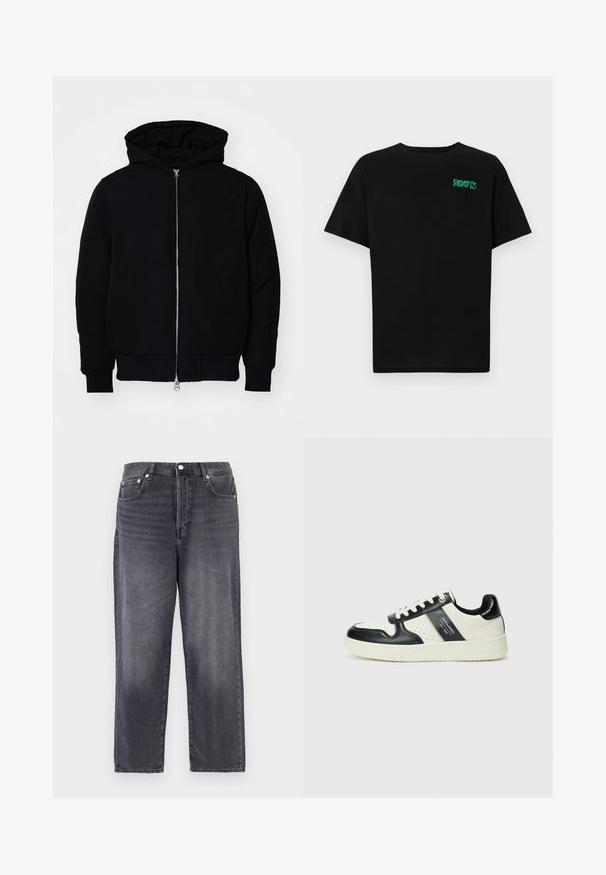 Veste à capuche noire avec fermeture éclair sur le devant, poche kangourou, poignets et ourlet côtelés, présentée sur un fond blanc uni.; T-shirt noir en coton à manches courtes. Présente un logo "ROOTS" vert sur le devant, un col rond et une coupe standard.; Jeans en denim gris foncé avec une coupe droite, cinq poches et des éléments en métal. Le tissu a une texture subtile et des accents délavés.; Baskets en cuir avec un schéma de couleurs noir et crème, dotées d'accents perforés, d'un col rembourré et d'une semelle texturée.