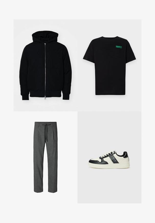 Mustaga kapuutsiga jakk, millel on esineed, kenguru tasku, soonikkoes, ja alläär, esitatud lihtsal valgel taustal.; Must t-särk, mis on valmistatud puuvillast, lühikeste varrukatega. Esipaneelil on roheline "ROOTS" logo, ümmargune kaelus ja tavapärane lõige.; Hallid hallid püksid tekstuuriga mustriga, millel on nööripaelaga talje ja kaks külgtaskut. Sirge lõikega, ilma ääreteta.; Nahatud nahkkingad musta ja kreemi värviskeemiga, millel on perforeeritud aktsendid, pehme krae ja tekstureeritud tallad.