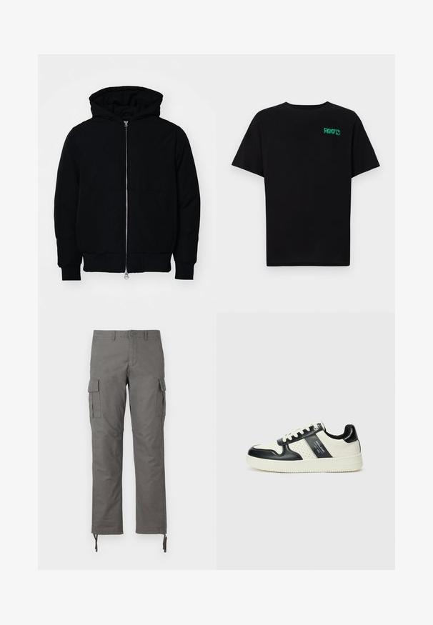 Veste à capuche noire avec fermeture éclair sur le devant, poche kangourou, poignets et ourlet côtelés, présentée sur un fond blanc uni.; T-shirt noir en coton à manches courtes. Présente un logo "ROOTS" vert sur le devant, un col rond et une coupe standard.; Pantalons cargo gris avec une coupe droite, plusieurs poches latérales et des fermetures à toggles ajustables aux chevilles. Fabriqués en tissu résistant.; Baskets en cuir avec un schéma de couleurs noir et crème, dotées d'accents perforés, d'un col rembourré et d'une semelle texturée.
