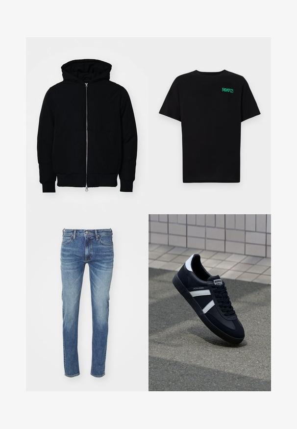 Chaqueta negra con capucha, cierre frontal, bolsillo tipo canguro, y puños y dobladillo acanalados, exhibida sobre un fondo blanco liso.; Camiseta negra de algodón con mangas cortas. Presenta un logo verde "ROOTS" en el frente, escote redondo y corte estándar.; Vaqueros de mezclilla azul con un aspecto desvanecido, diseño de pierna recta, estilo de cinco bolsillos y trabillas para el cinturón; presenta un cierre clásico de botón y cremallera.; Zapatilla de cuero negra con rayas blancas, suela de goma texturizada y parte frontal con cordones. Cuenta con una etiqueta de marca en la lengüeta.
