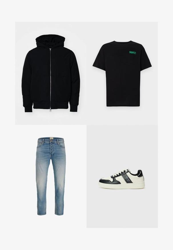 Mustaga kapuutsiga jakk, millel on esineed, kenguru tasku, soonikkoes, ja alläär, esitatud lihtsal valgel taustal.; Must t-särk, mis on valmistatud puuvillast, lühikeste varrukatega. Esipaneelil on roheline "ROOTS" logo, ümmargune kaelus ja tavapärane lõige.; Heledad helesinine sirge säärega teksapüksid viie taskuga ja nööbiga, esifaasilt valge tausta ees.; Nahatud nahkkingad musta ja kreemi värviskeemiga, millel on perforeeritud aktsendid, pehme krae ja tekstureeritud tallad.