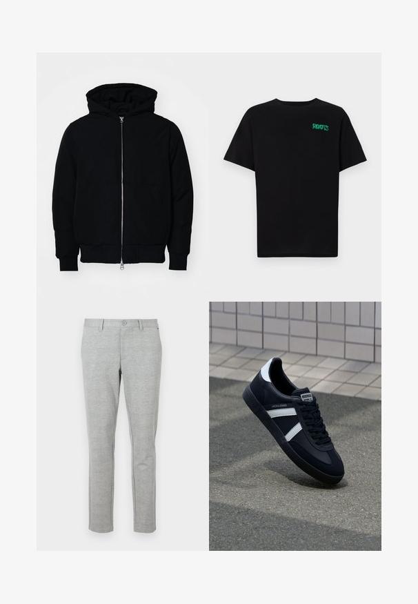Schwarze Kapuzenjacke mit Frontreißverschluss, Kängurutasche, gerippten Bündchen und Saum, auf einem schlichten weißen Hintergrund präsentiert.; Schwarzes T-Shirt aus Baumwolle mit kurzen Ärmeln. Auf der Vorderseite befindet sich ein grünes "ROOTS"-Logo, es hat einen runden Halsauschnitt und eine normale Passform.; Graue, schlank geschnittene Anzughose aus strukturiertem Material. Verfügt über einen normalen Bund mit Knopfverschluss und seitlichen Taschen.; Schwarze Leder-Sneaker mit weißen Streifen, strukturiertem Gummisohle und Schnürung. Verfügt über ein Markenetikett auf der Zunge.