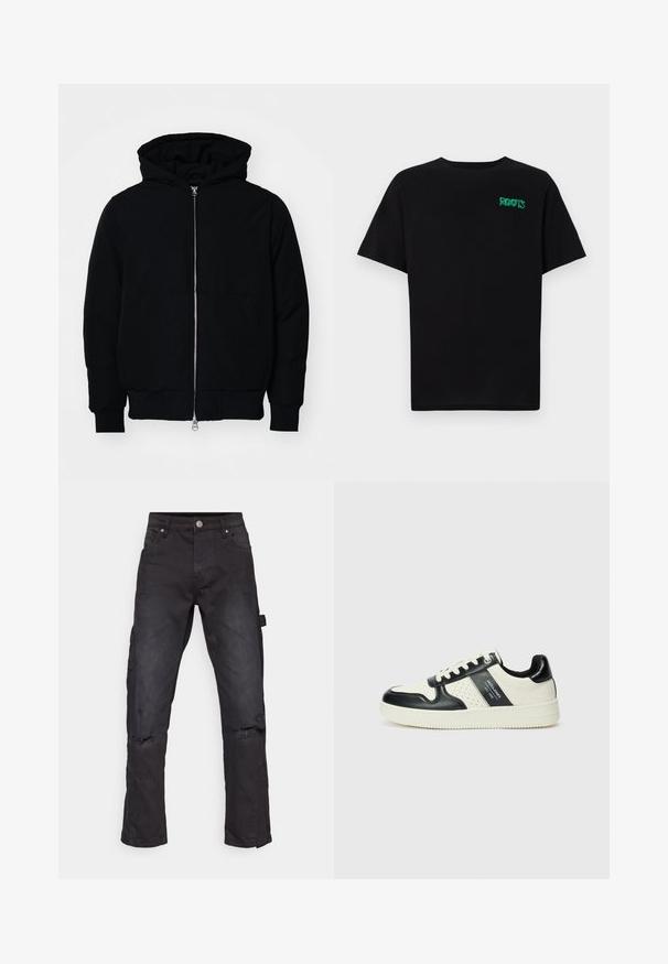 Mustaga kapuutsiga jakk, millel on esineed, kenguru tasku, soonikkoes, ja alläär, esitatud lihtsal valgel taustal.; Must t-särk, mis on valmistatud puuvillast, lühikeste varrukatega. Esipaneelil on roheline "ROOTS" logo, ümmargune kaelus ja tavapärane lõige.; Mustad mustad džinsid, sirge lõikega, purustatud põlvede ja küljetaskuga, valmistatud vastupidavast tekstuurist kangast.; Nahatud nahkkingad musta ja kreemi värviskeemiga, millel on perforeeritud aktsendid, pehme krae ja tekstureeritud tallad.