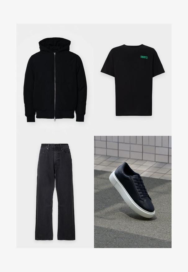 Veste à capuche noire avec fermeture éclair sur le devant, poche kangourou, poignets et ourlet côtelés, présentée sur un fond blanc uni.; T-shirt noir en coton à manches courtes. Présente un logo "ROOTS" vert sur le devant, un col rond et une coupe standard.; Jean en denim noir à jambes larges avec une taille haute, design à cinq poches et détails de texture subtils. Comprend une fermeture à bouton et à zip.; Baskets noires en cuir avec bout arrondi et semelle en caoutchouc blanc. Elles présentent des lacets plats et une couture minimale sur la tige. Semelle texturée pour une bonne adhérence.