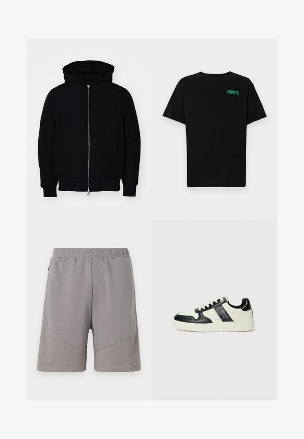 Black hooded jacket with front zipper, kangaroo pocket, ribbed cuffs, and hem, displayed on a plain white background.; Black t-shirt made of cotton with short sleeves. Features a green "ROOTS" logo on the front, round neckline, and standard fit.; Gray athletic shorts with an elastic waistband, featuring a textured lower panel and a smooth upper section.; Leather sneakers with a black and cream color scheme, featuring perforated accents, a padded collar, and a textured outsole.