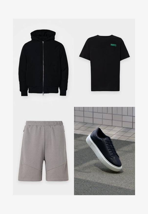 Veste à capuche noire avec fermeture éclair sur le devant, poche kangourou, poignets et ourlet côtelés, présentée sur un fond blanc uni.; T-shirt noir en coton à manches courtes. Présente un logo "ROOTS" vert sur le devant, un col rond et une coupe standard.; Shorts de sport grises avec une taille élastique, présentant un panneau inférieur texturé et une section supérieure lisse.; Baskets noires en cuir avec bout arrondi et semelle en caoutchouc blanc. Elles présentent des lacets plats et une couture minimale sur la tige. Semelle texturée pour une bonne adhérence.