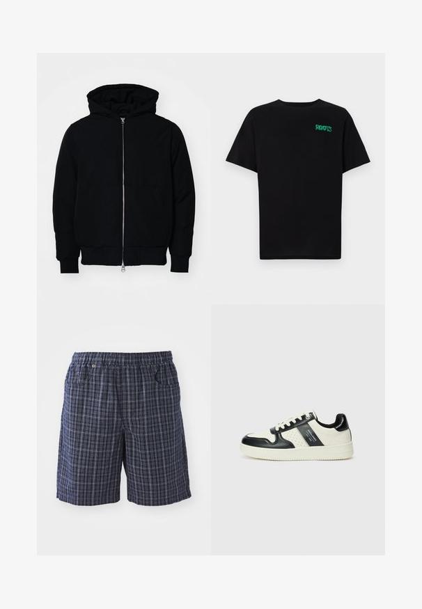 Mustaga kapuutsiga jakk, millel on esineed, kenguru tasku, soonikkoes, ja alläär, esitatud lihtsal valgel taustal.; Must t-särk, mis on valmistatud puuvillast, lühikeste varrukatega. Esipaneelil on roheline "ROOTS" logo, ümmargune kaelus ja tavapärane lõige.; Meresin plaid lühikesed püksid elastse vöökohaga, millel on taskud ja lõtv istuvus. Valmistatud kergest kangast ruudulise mustriga.; Nahatud nahkkingad musta ja kreemi värviskeemiga, millel on perforeeritud aktsendid, pehme krae ja tekstureeritud tallad.