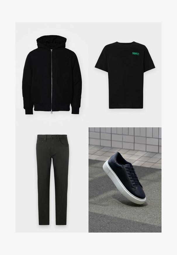Black hooded jacket with front zipper, kangaroo pocket, ribbed cuffs, and hem, displayed on a plain white background.; Black t-shirt made of cotton with short sleeves. Features a green "ROOTS" logo on the front, round neckline, and standard fit.; Dark green cotton trousers with a slim fit. Features a straight leg, front pockets, and a button closure. Smooth texture, minimal detailing.; Black leather sneaker with rounded toe and white rubber sole. Features flat laces and minimal stitching on the upper. Textured sole for grip.