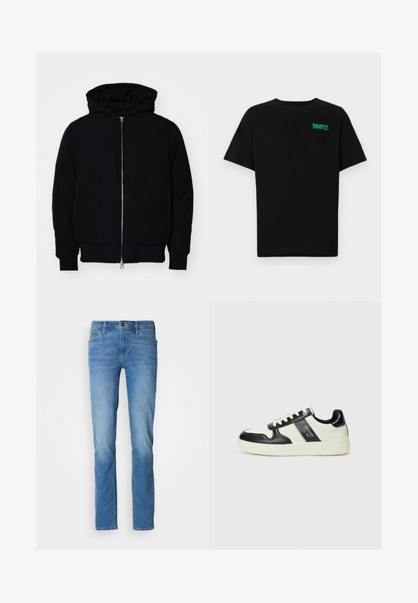 Fekete kapucnis dzseki elülső cipzárral, kenguruzsebbel, bordázott mandzsettákkal és aba, egy sima fehér háttér előtt.; Fekete, pamutból készült póló rövid ujjakkal. Elöl zöld "ROOTS" logóval, kerek nyakkivágással és normál szabással.; Világoskék denim farmernadrág egyenes szabással, klasszikus öt zsebes kialakítással, sárgaréz szerelvényekkel és finom halványodással a combokon.; Fekete és krém színű bőrsneaker, perforált díszítésekkel, párnázott bokapánttal és texturált talppal.